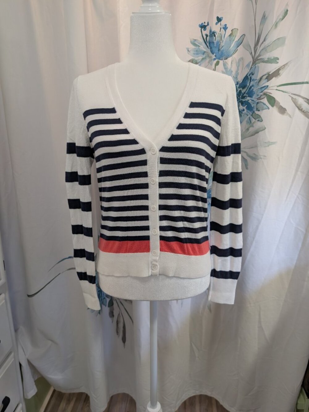 Ann Taylor Loft Long Sleeve Deep V Neck Navy Blue, White, Pink Stripes, Size MP